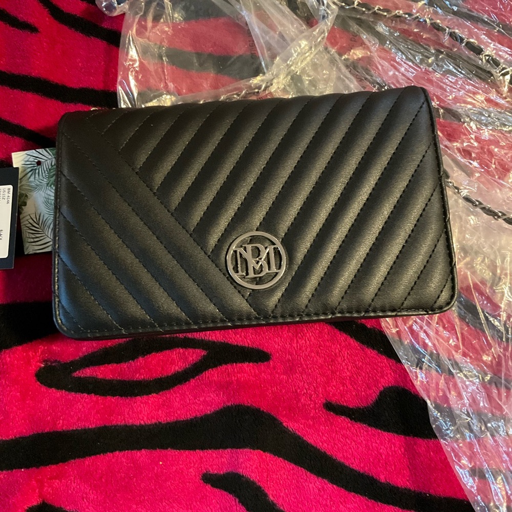 Badgley Mischka Black Quilted Clutch with Gold Emblems